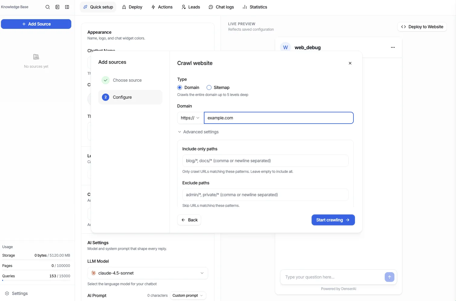 Crawl website dialog with domain entry and include/exclude path settings