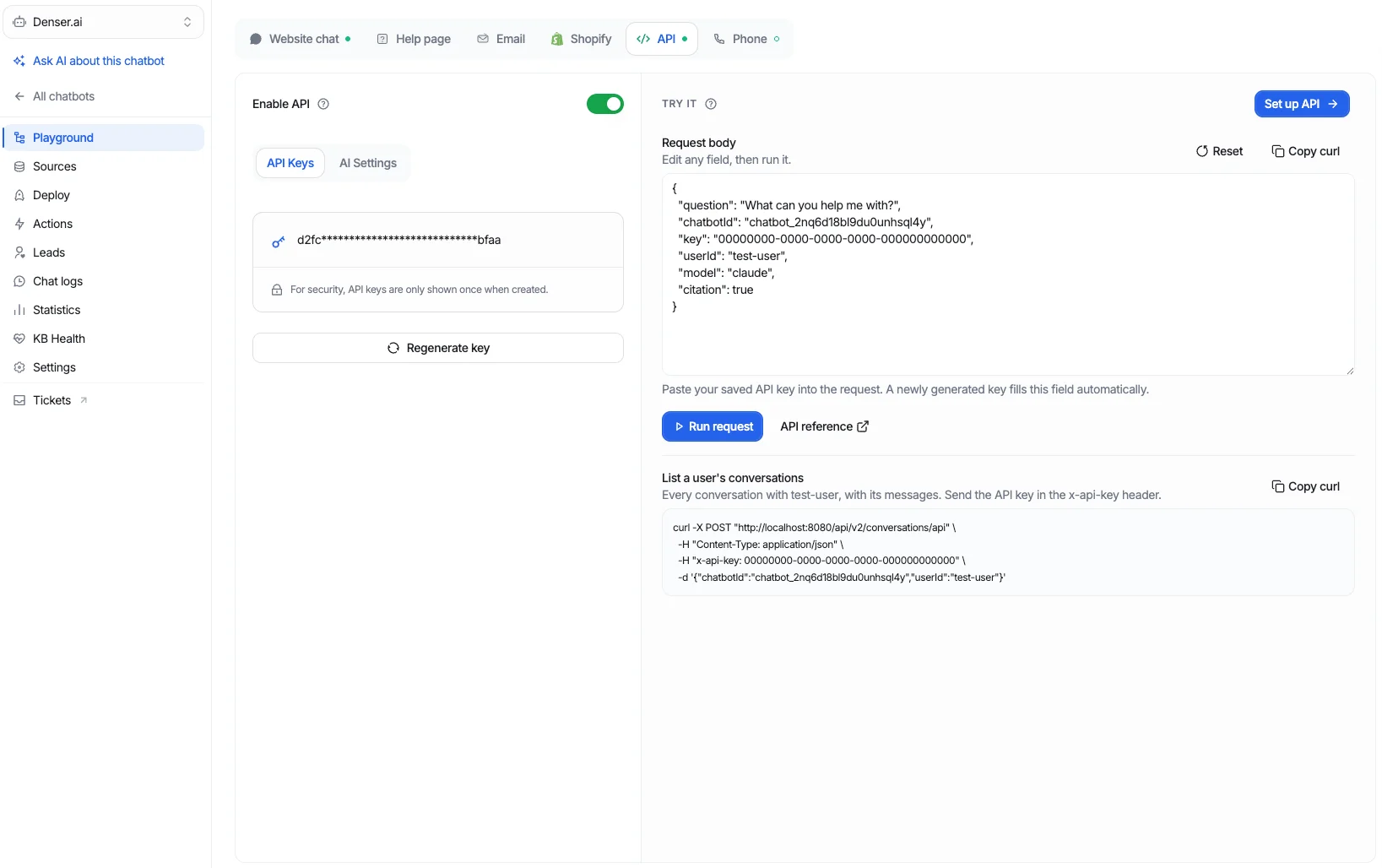 The API channel of a chatbot: Enable API and the API key on the left, and the Try it panel on the right with the request body, Run request, and the curl to list a user's conversations