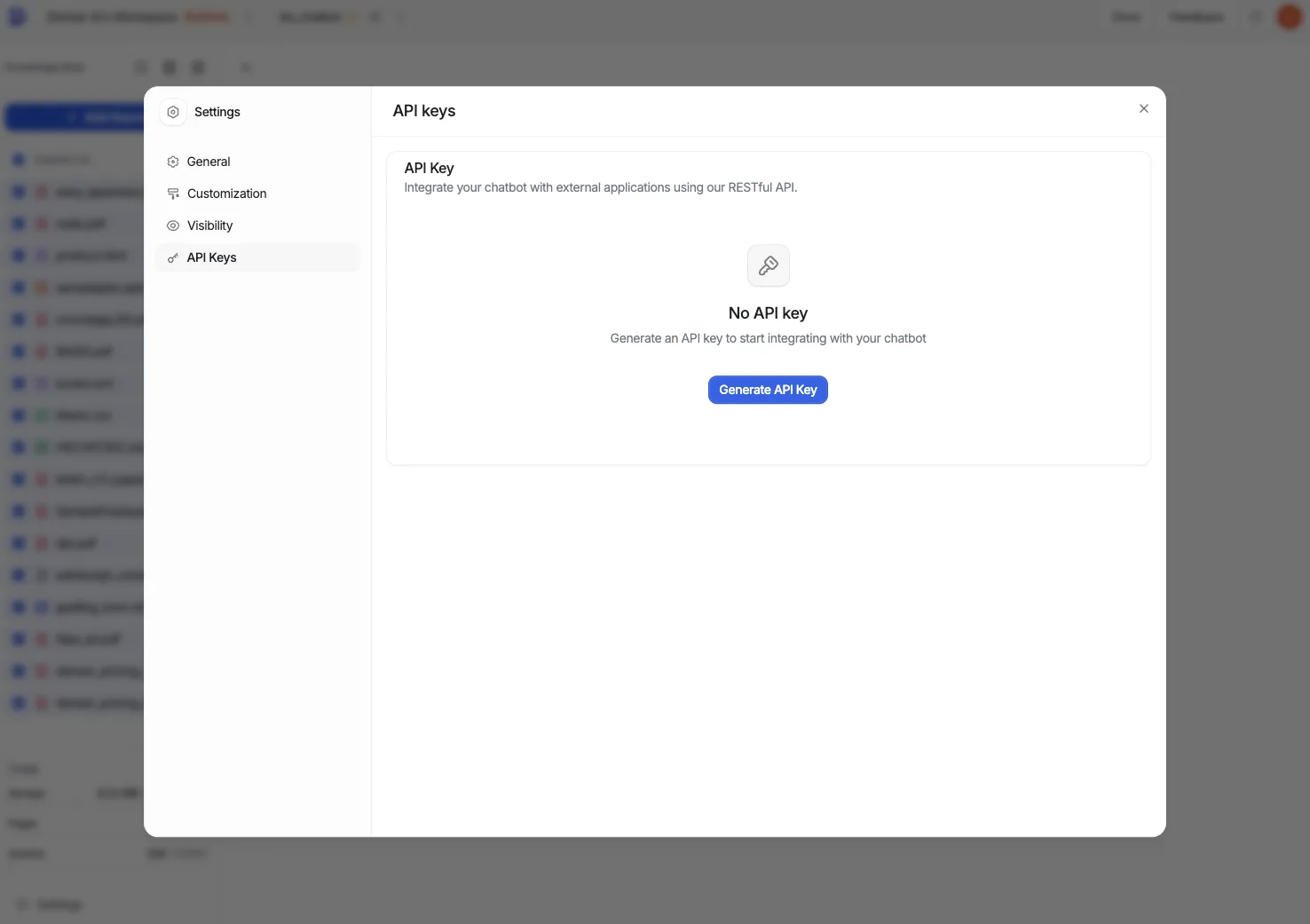 The API Keys panel in Settings, showing the Generate API Key button to create your first key