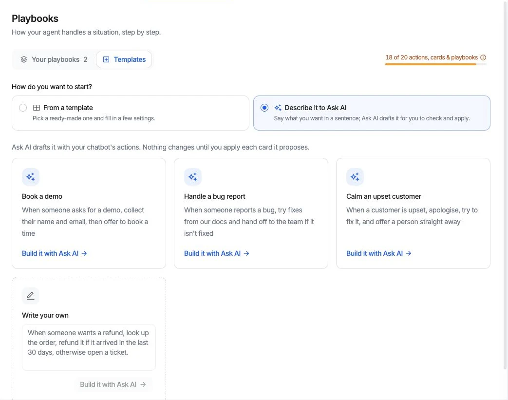 Describing a playbook to Ask AI, with example requests to start from