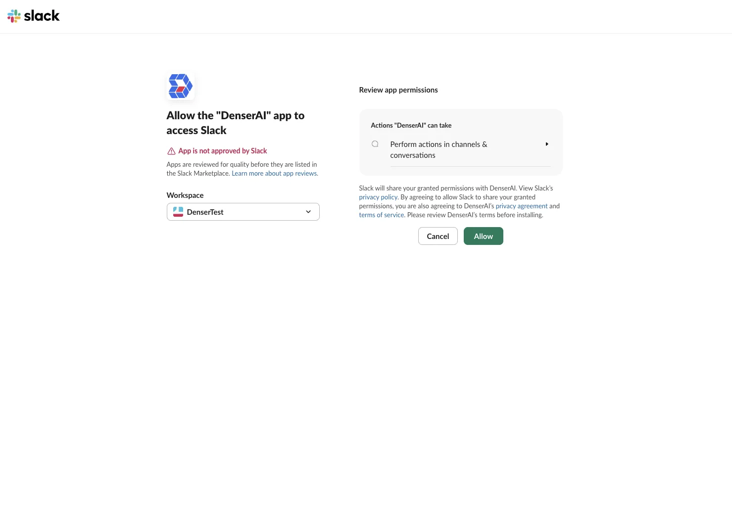 Slack's authorization page for the DenserAI app, with a workspace selector and an Allow button