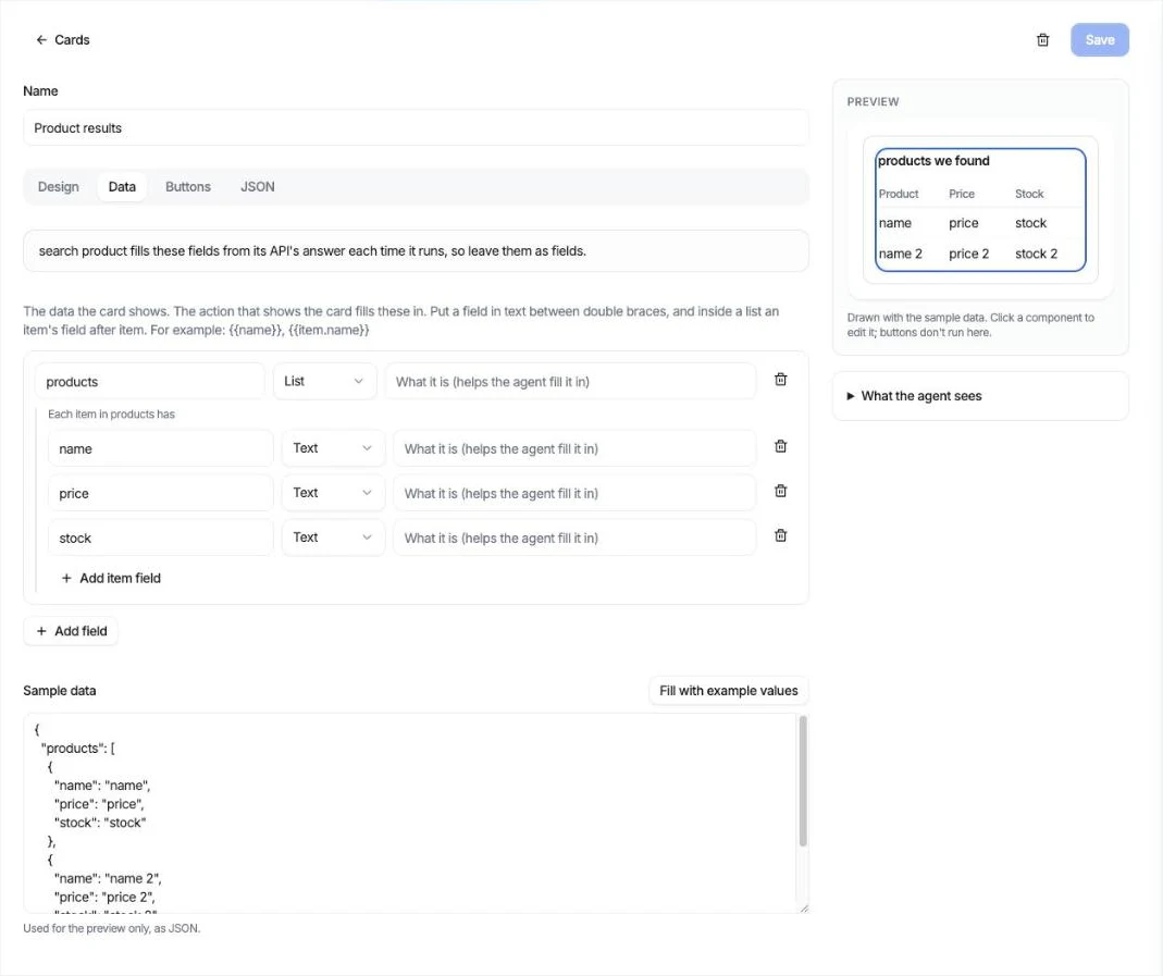 The Data tab: one list field, products, whose items have a name, price and stock