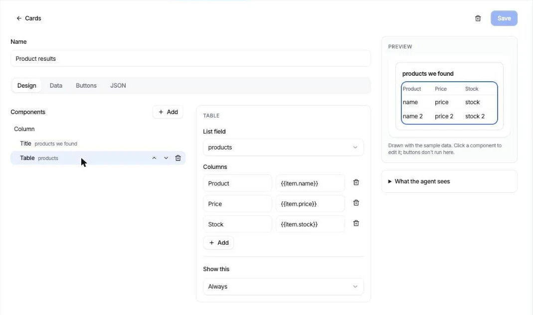 The Design tab: a table reading the products list, with Product, Price and Stock columns