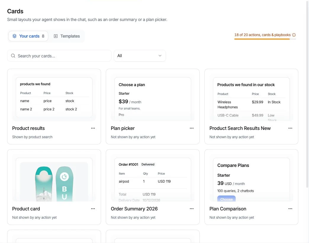 The Cards page: describe a card to Ask AI, or start from blank or a template