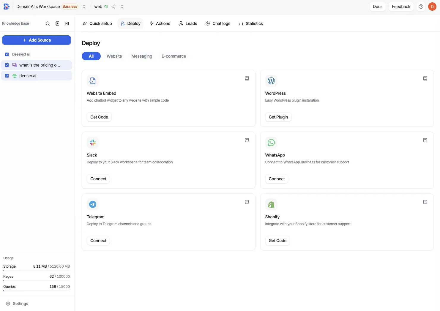 The Deploy panel showing all channel cards — Website Embed, WordPress, Slack, WhatsApp, Telegram, and Shopify — grouped by the All, Website, Messaging, and E-commerce tabs