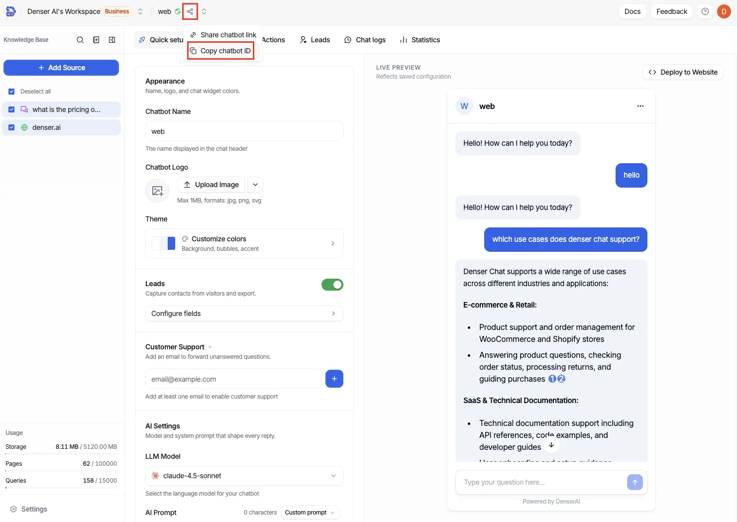 Copying the chatbot ID from the share menu in the dashboard header, showing the Share chatbot link and Copy chatbot ID options