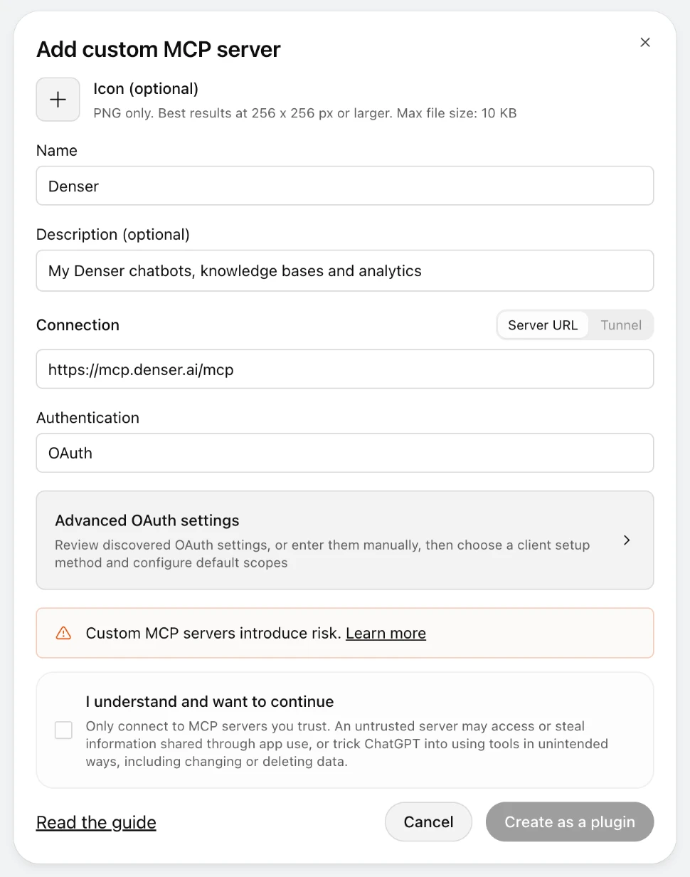 ChatGPT's Add custom MCP server form with the name Denser, the server URL https://mcp.denser.ai/mcp and OAuth authentication