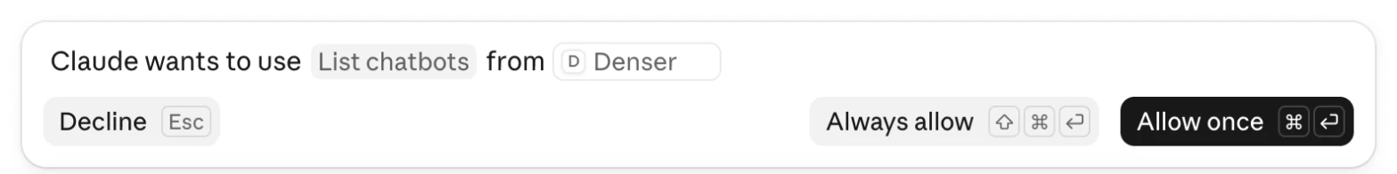 Claude asking to use List chatbots from Denser, with Decline, Always allow and Allow once buttons
