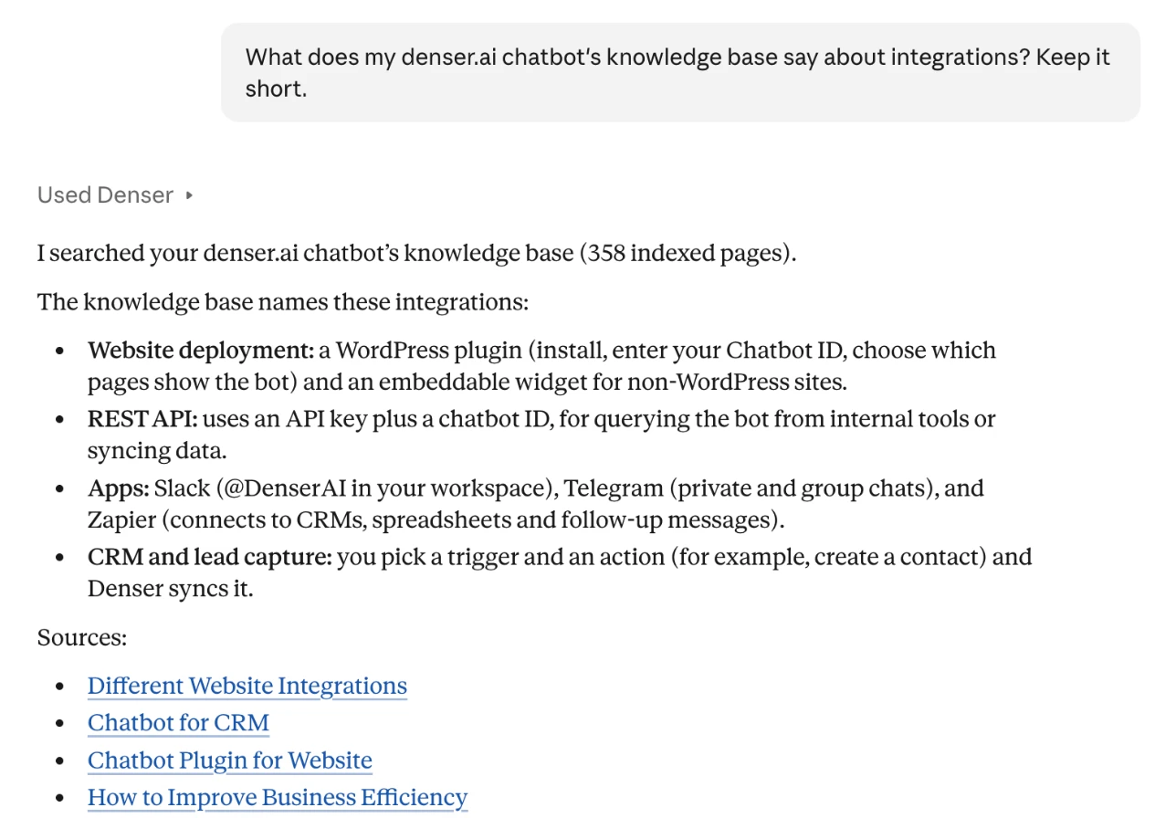 A Claude chat that used Denser to answer what a chatbot's knowledge base says about integrations, with the sources it found