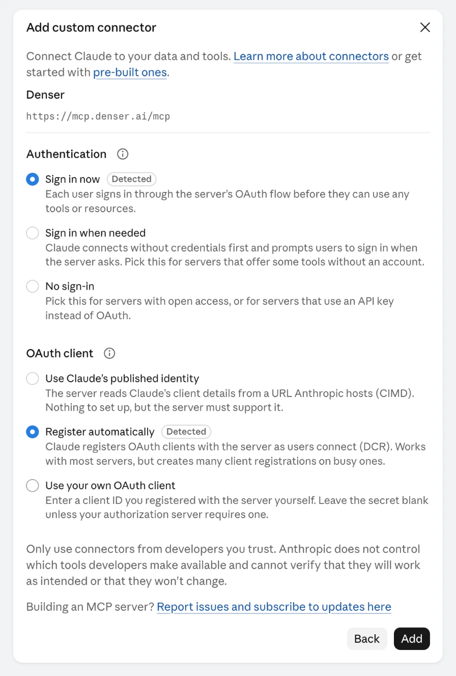 Claude's Add custom connector dialog for Denser at https://mcp.denser.ai/mcp, with Sign in now and Register automatically selected and marked Detected