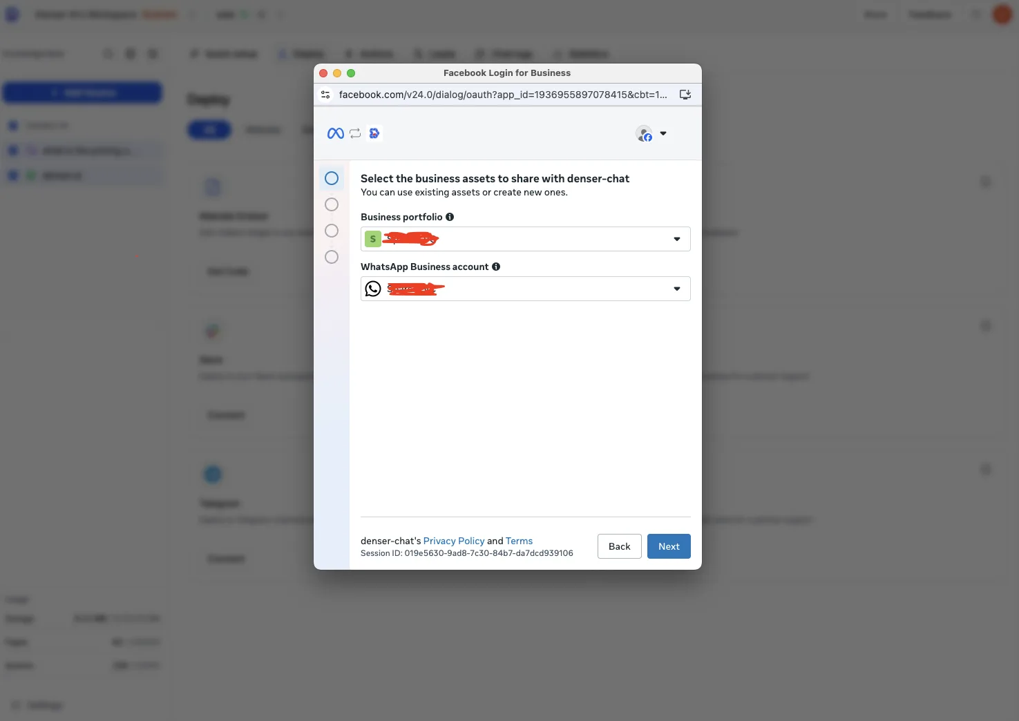 The Meta dialog for selecting a Business portfolio and WhatsApp Business account to share with Denser