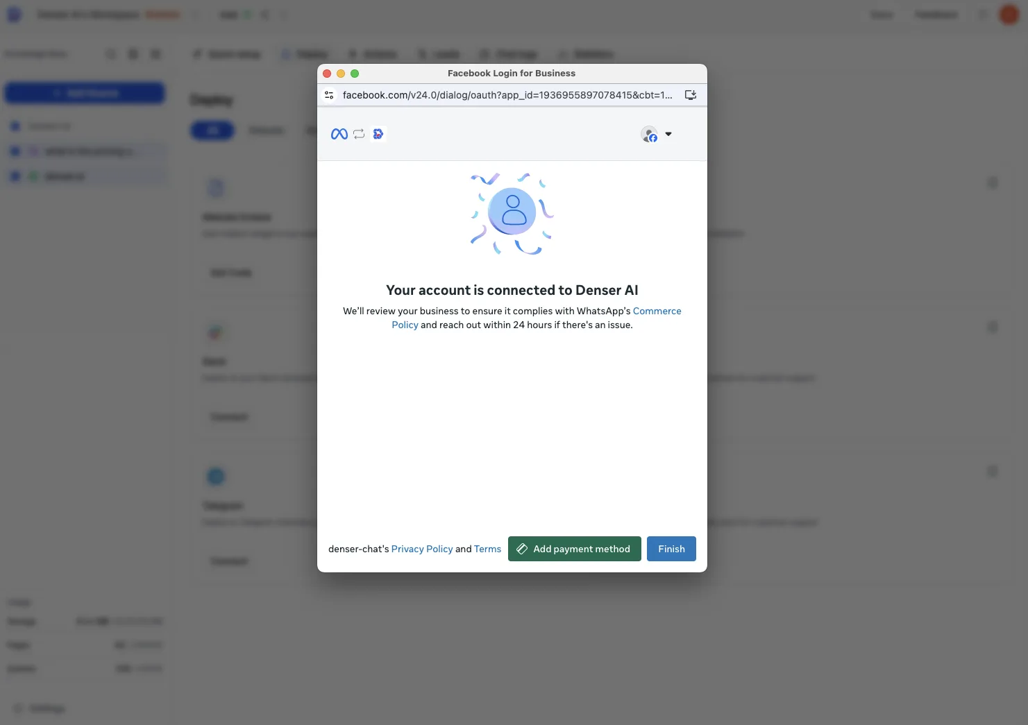 The Meta confirmation that the account is connected to Denser AI, with a Finish button