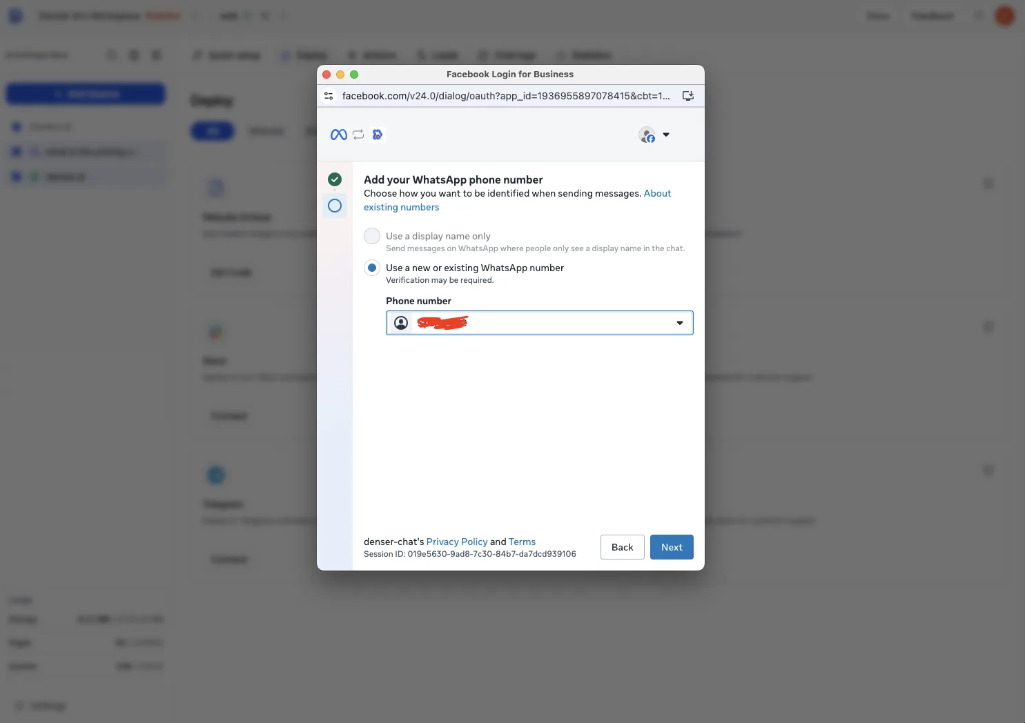 The Meta dialog for adding a WhatsApp phone number, with display-name and number options