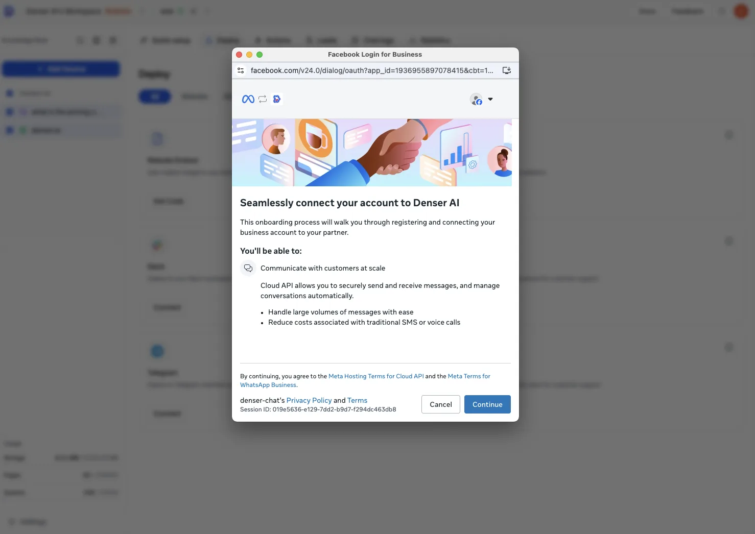 Meta's Login for Business window introducing the connection to Denser AI, with a Continue button