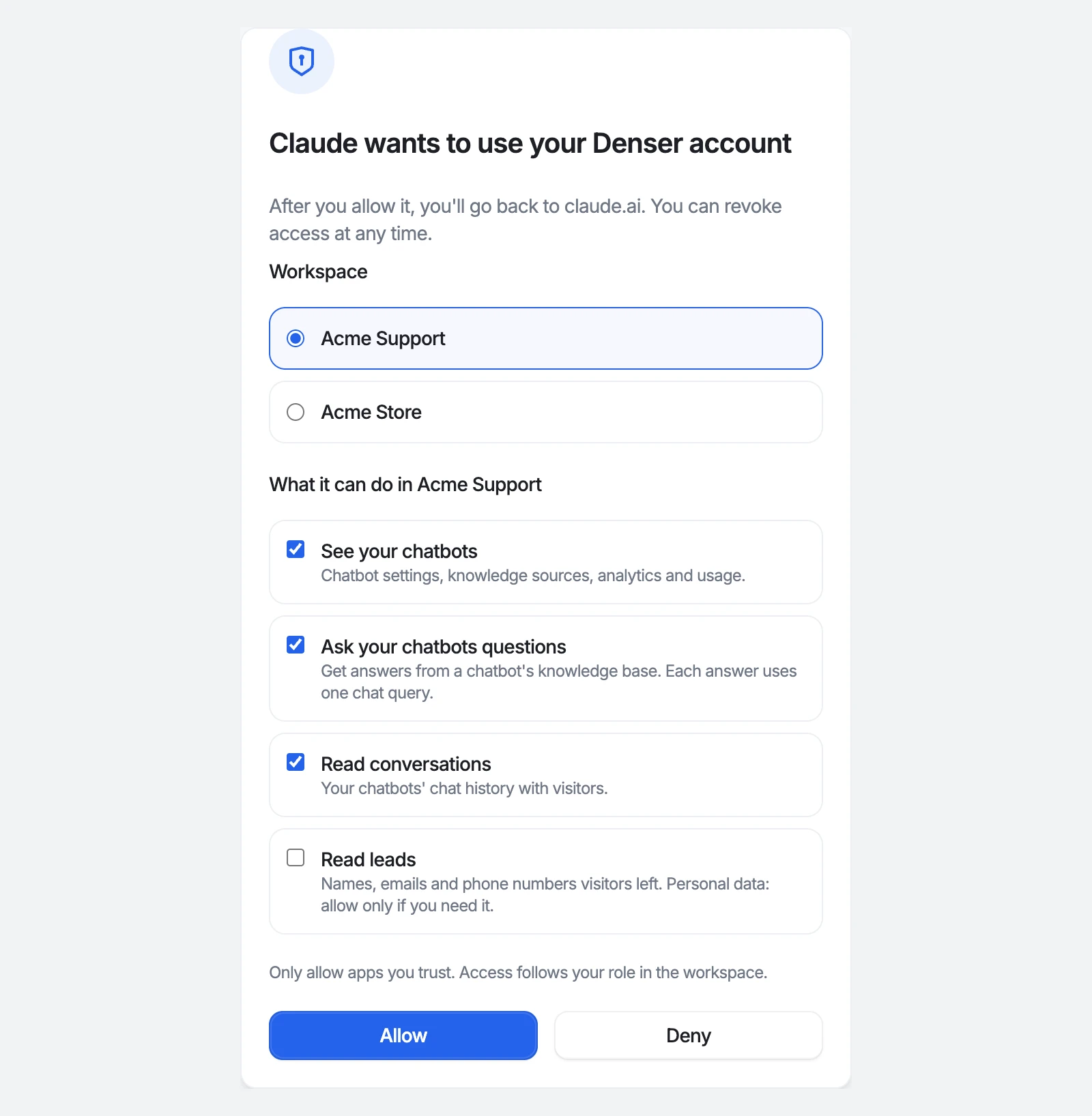 The Denser consent page: Claude asks to use your Denser account, with a choice of workspace and four permissions, Read leads unticked, and the Allow and Deny buttons
