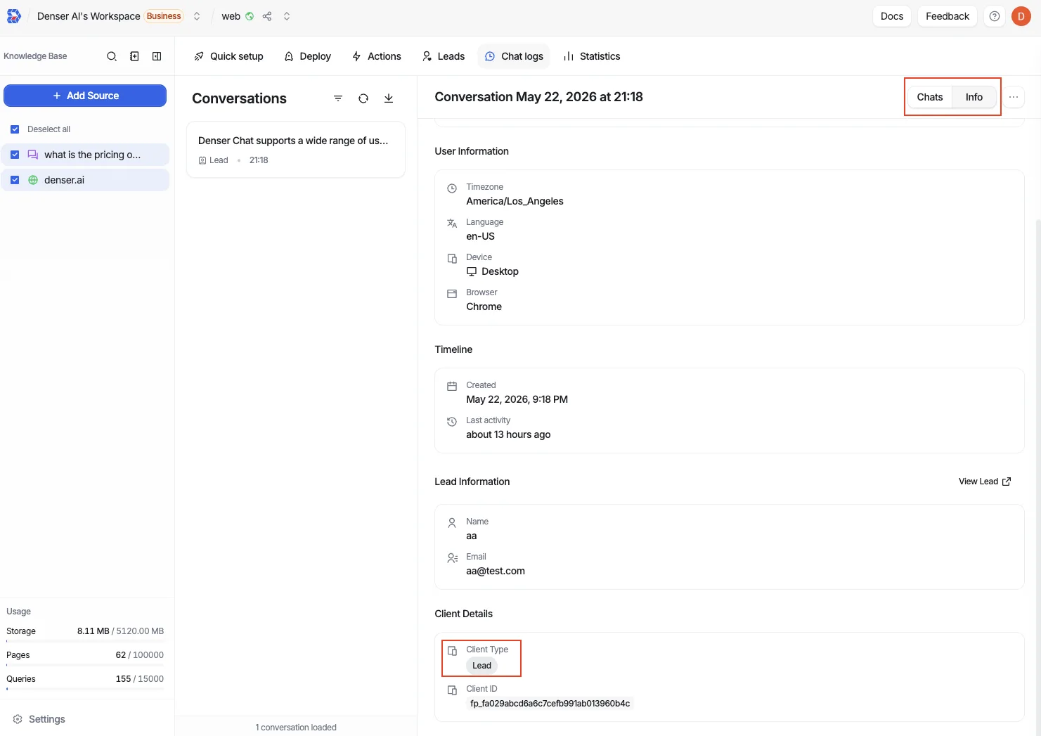 Conversation Info tab showing user information, timeline, captured lead details, and client details