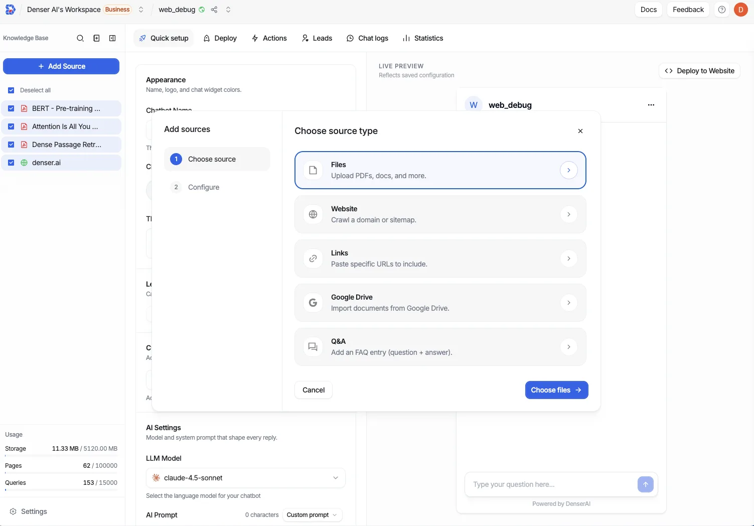 Add sources dialog showing the source types: Files, Website, Links, Google Drive, and Q&A
