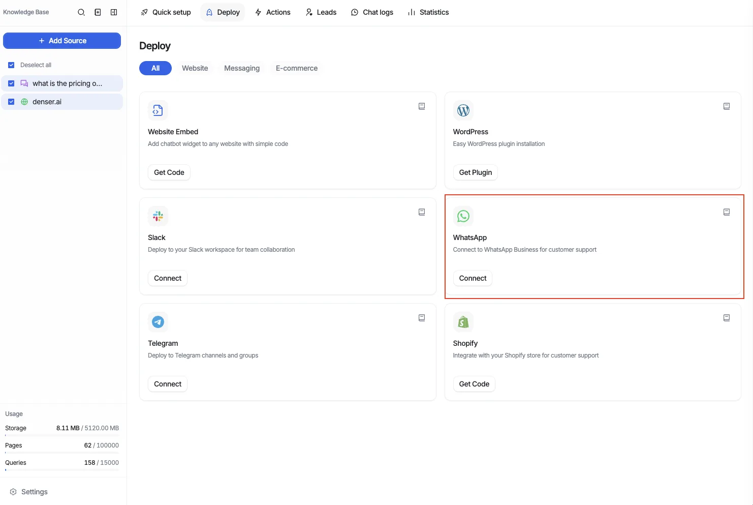 The Deploy page with the WhatsApp card and its Connect button
