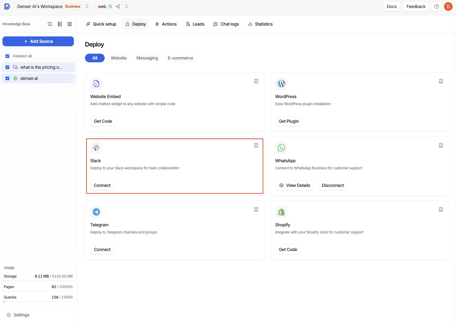 The Deploy page with the Slack card and its Connect button