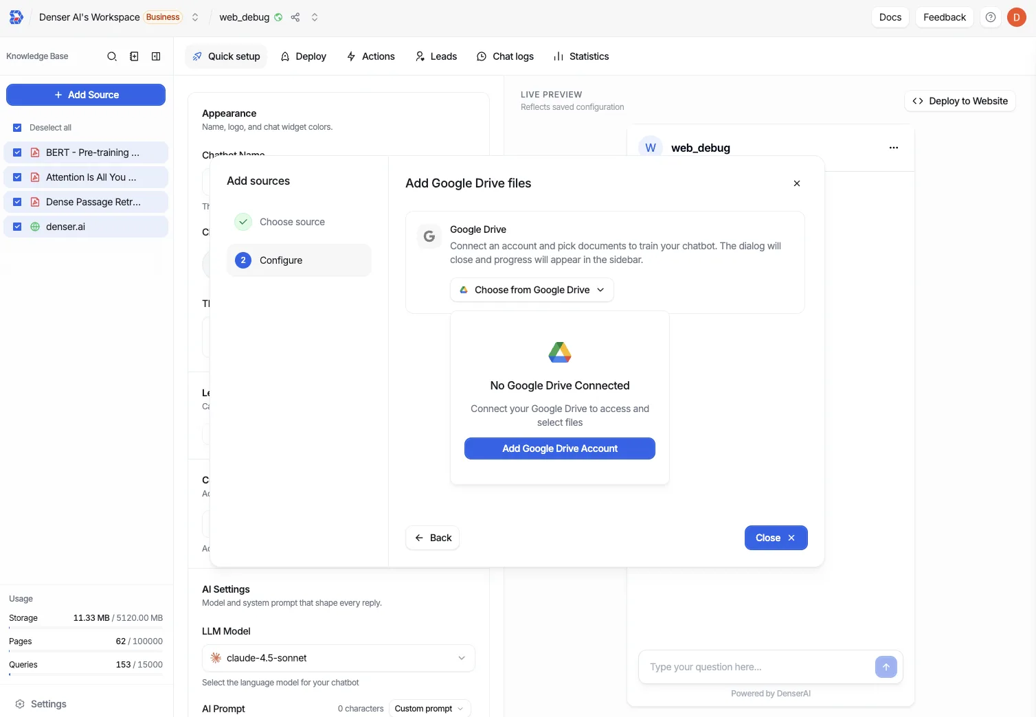 Add Google Drive files step prompting to connect a Google Drive account before choosing files