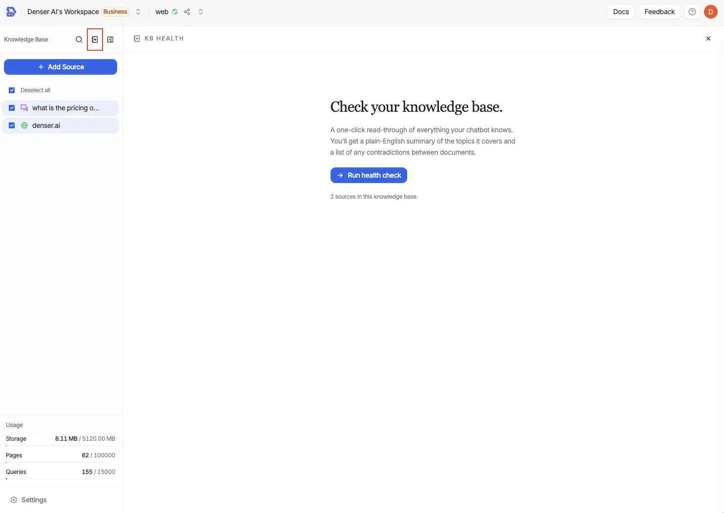 KB Health entry: the knowledge base sidebar with the health icon highlighted, and the "Check your knowledge base" panel with a Run health check button