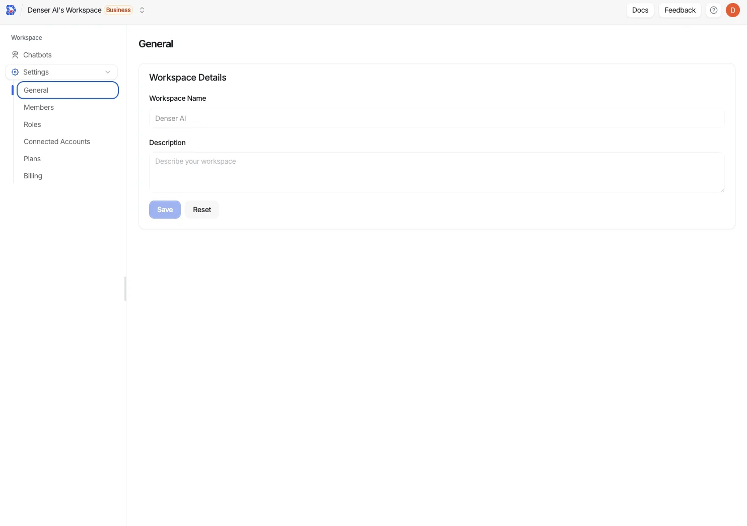 Workspace General settings showing the Workspace Name and Description fields with Save and Reset buttons