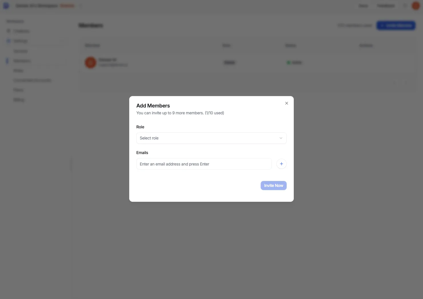 The Add Members dialog with a Role dropdown, an email input, and an Invite Now button