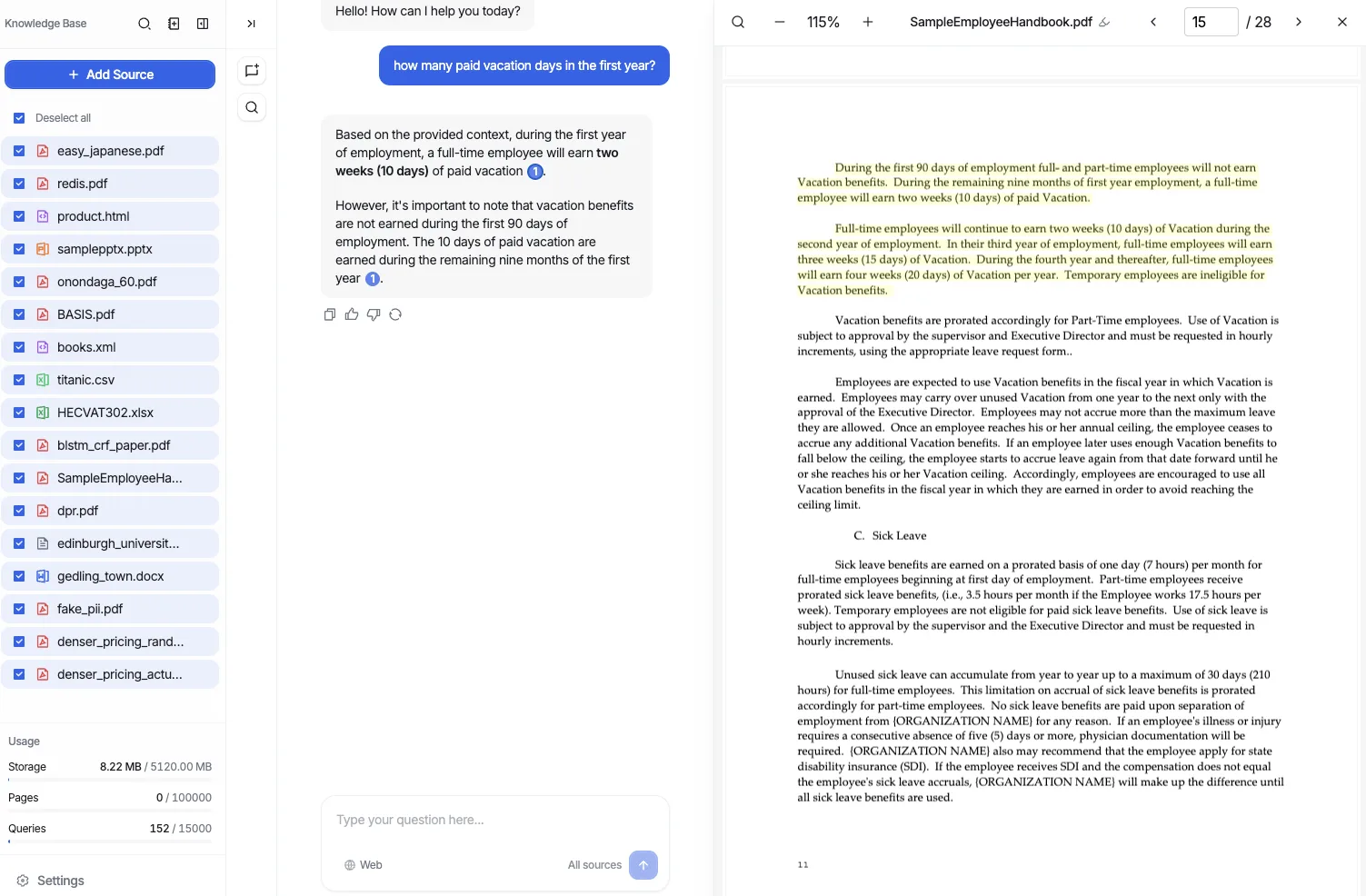 Knowledge base chatbot answering from uploaded documents with citations and a PDF source preview