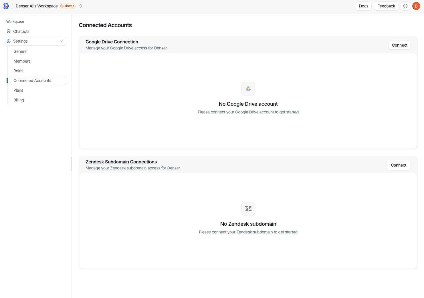 The Connected Accounts page with Google Drive and Zendesk Subdomain sections, each showing an empty state and a Connect button
