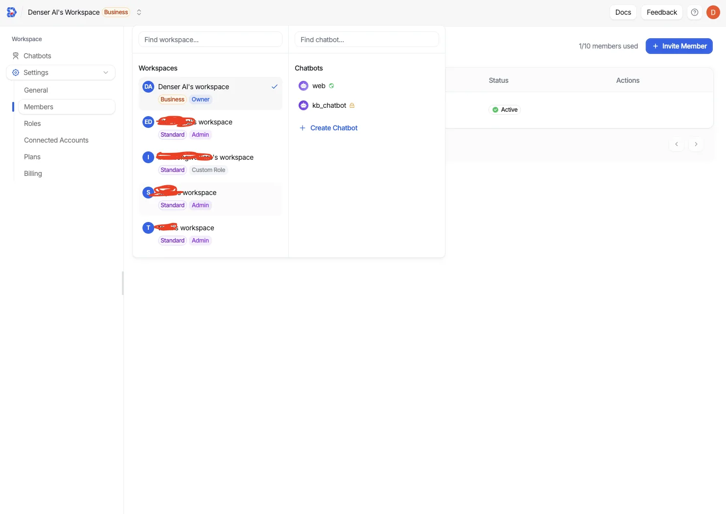 A member's workspace switcher listing their own workspace as Owner and other workspaces they were invited to, each with its plan and role, alongside the chatbots they can access in the selected workspace