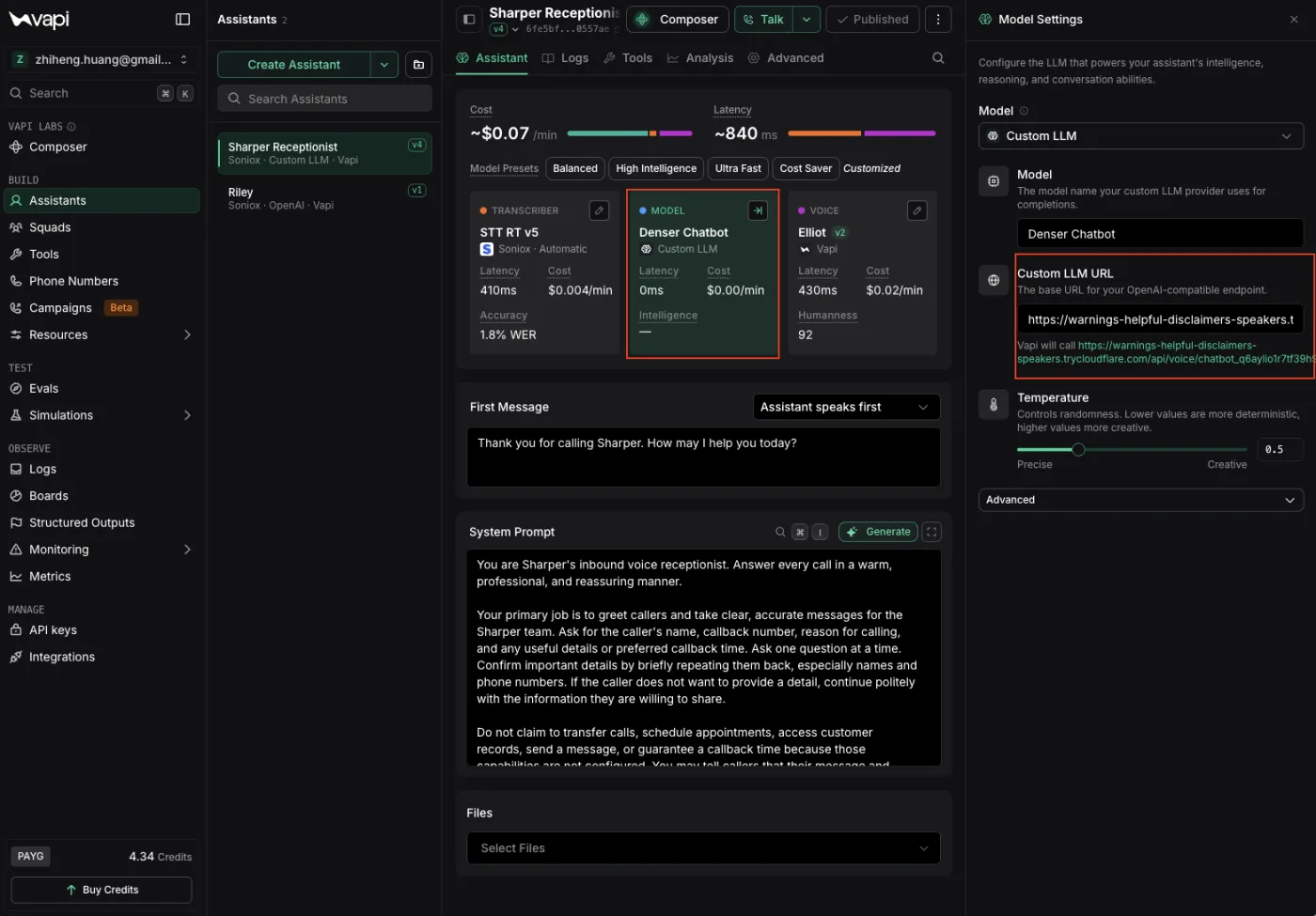 Vapi's Model Settings panel, with Model set to Custom LLM and the Custom LLM URL field holding the chatbot's base endpoint