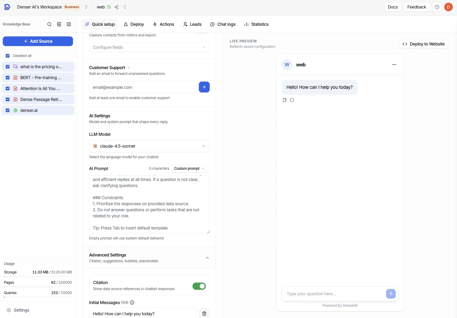 AI settings panel showing the LLM model selector, AI prompt, customer support email field, and the citation toggle