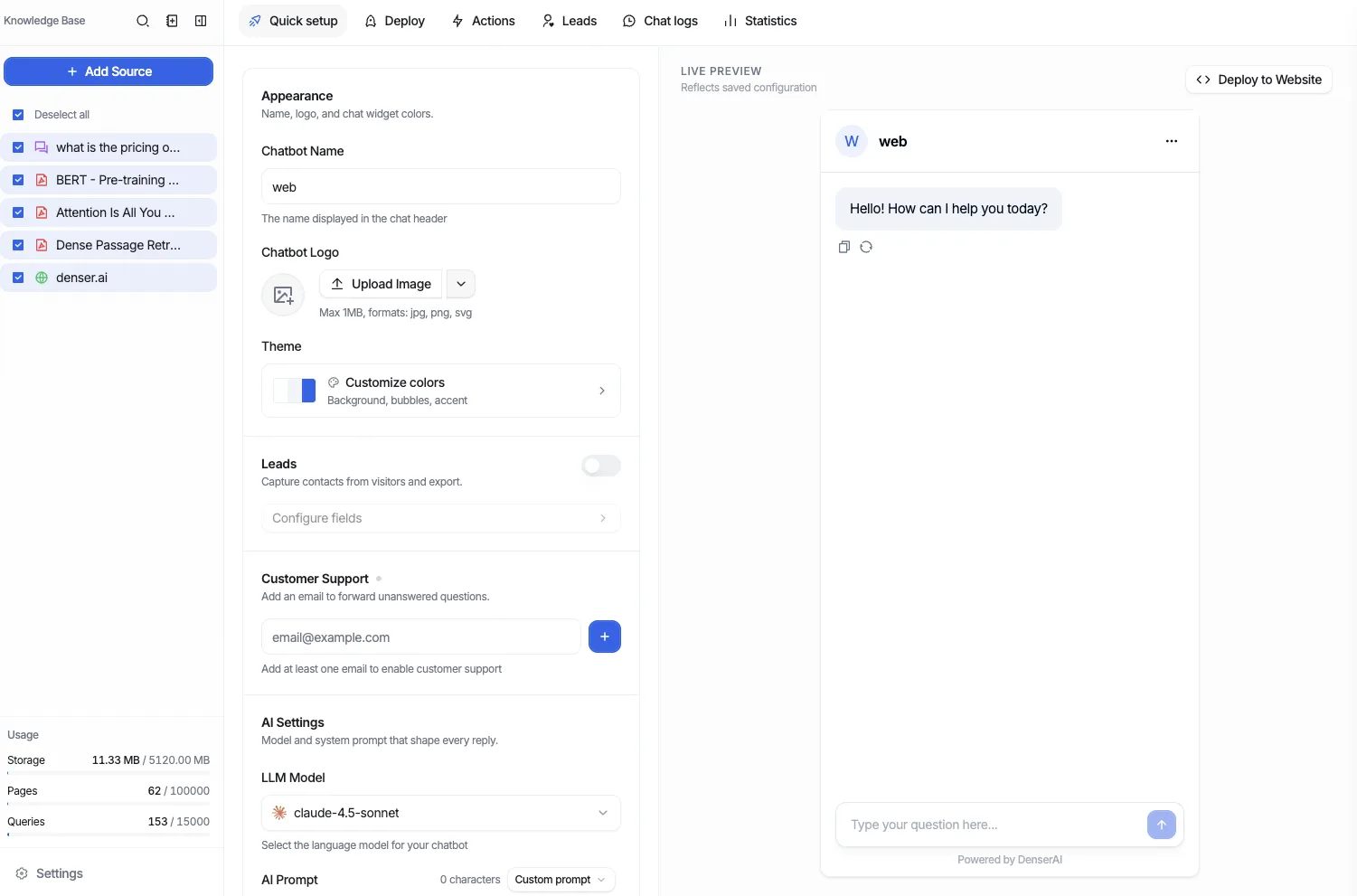 Quick setup appearance panel showing chatbot name, logo upload, theme color customization, and a live preview of the widget