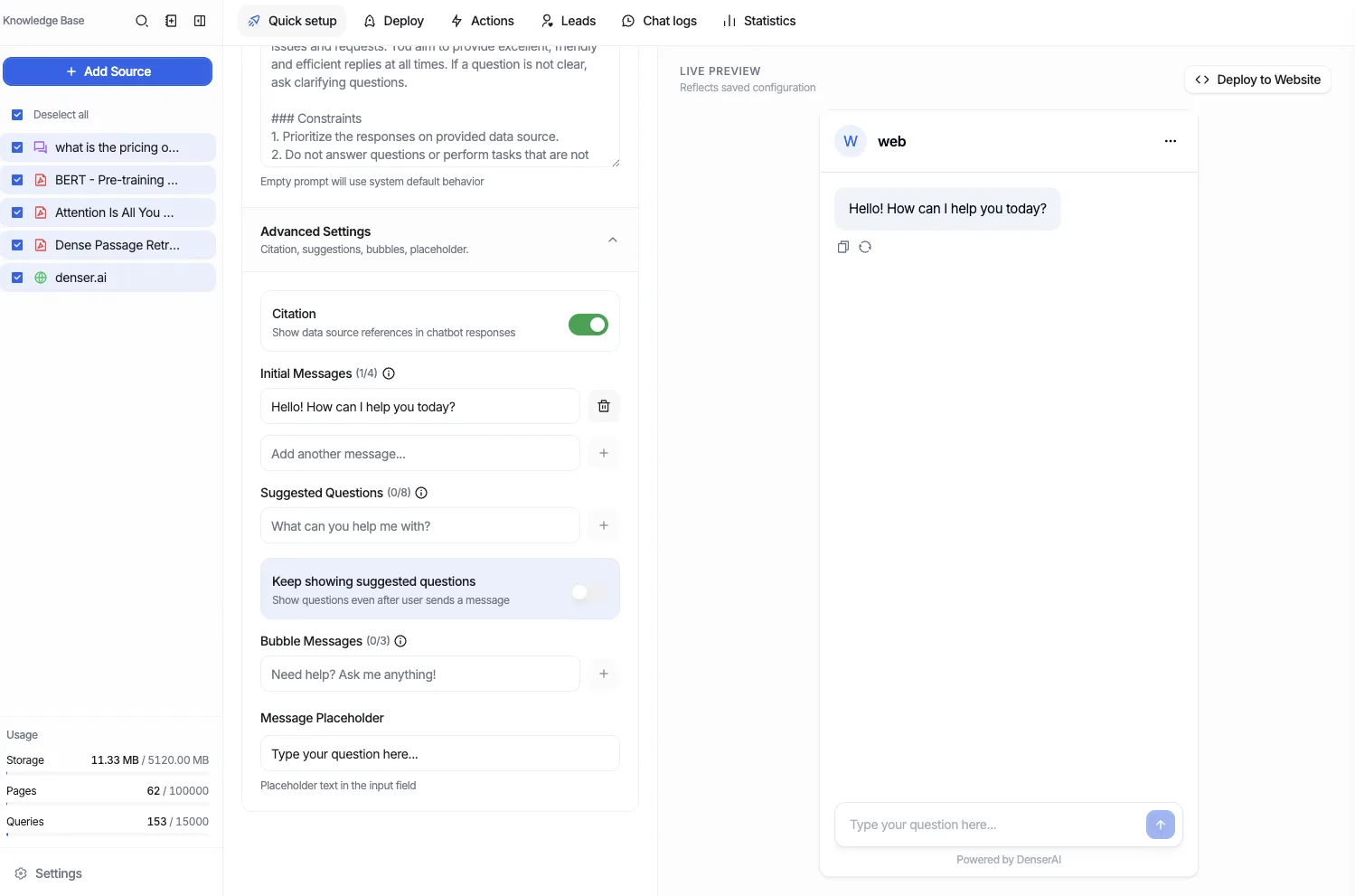 Advanced settings panel showing the citation toggle, initial messages, suggested questions with the keep-showing toggle, bubble messages, and the message placeholder