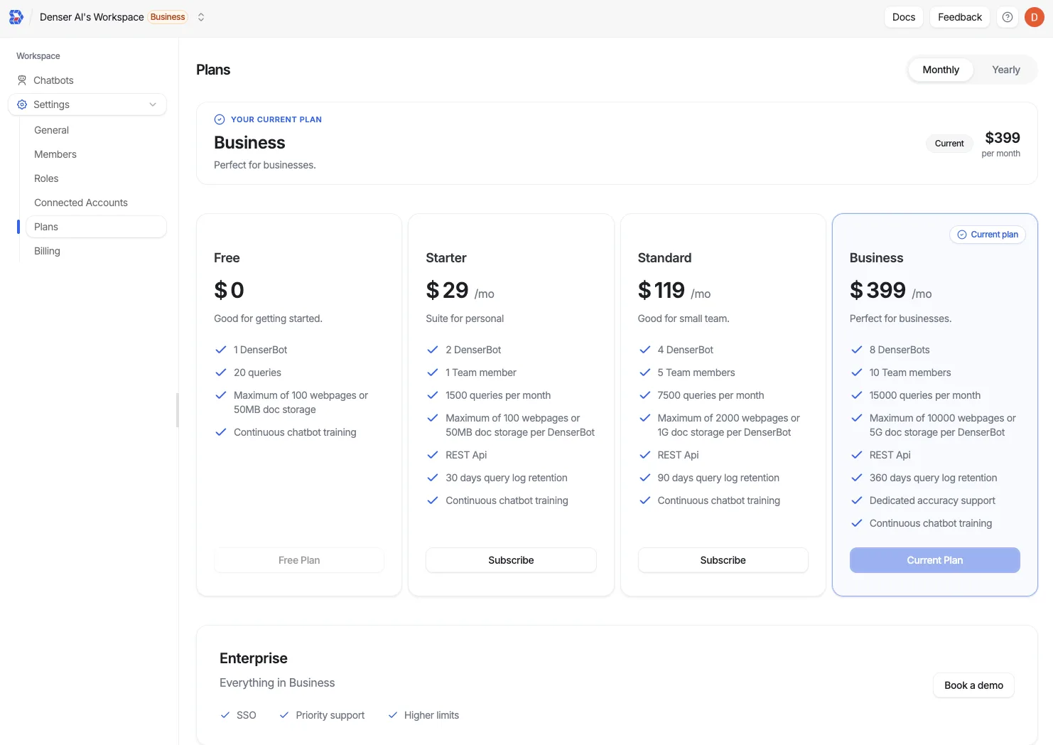 The Plans page with a Monthly/Yearly toggle and tier cards — Free, Starter, Standard, Business (current plan), and Enterprise — each listing its price and features