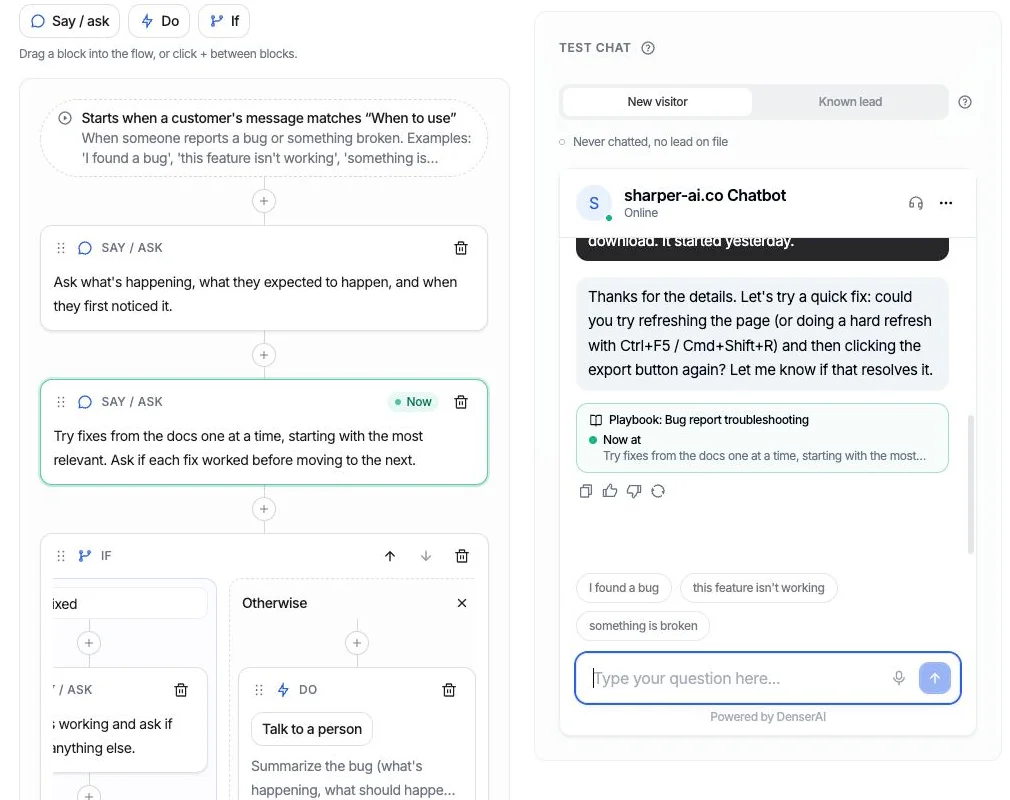 A playbook run in the test chat: the reply's trace says "Now at: Try fixes from the docs…", and that step is highlighted and marked Now in the flow