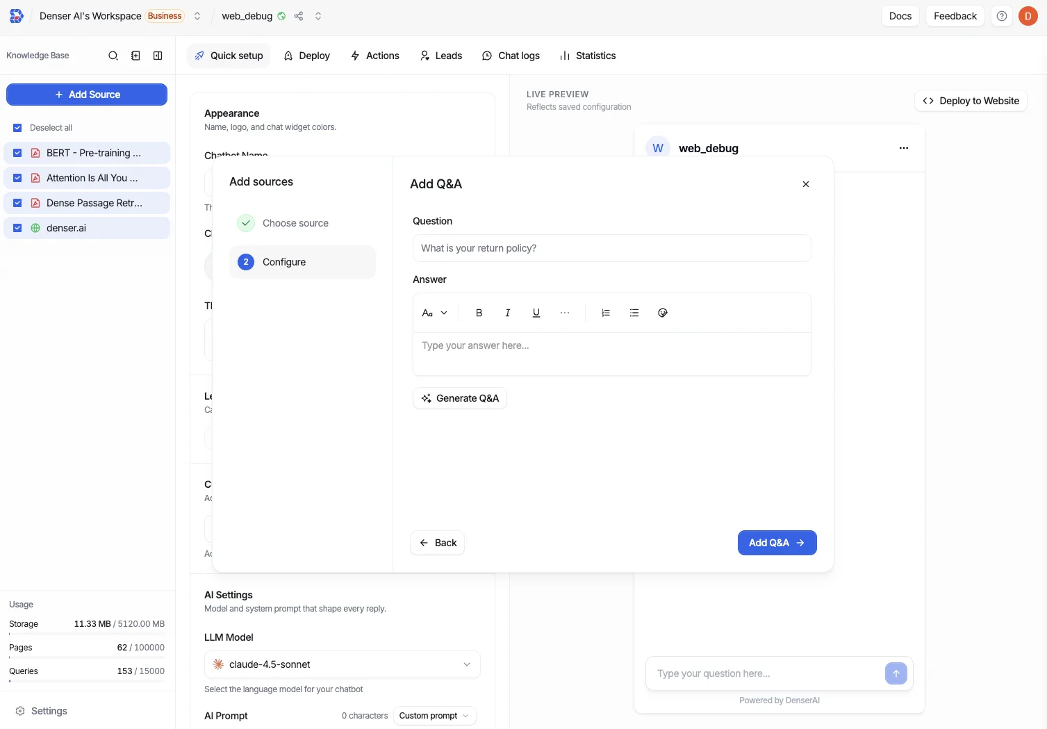 Add Q&A step with a Question field, a rich-text Answer editor, and a Generate Q&A button