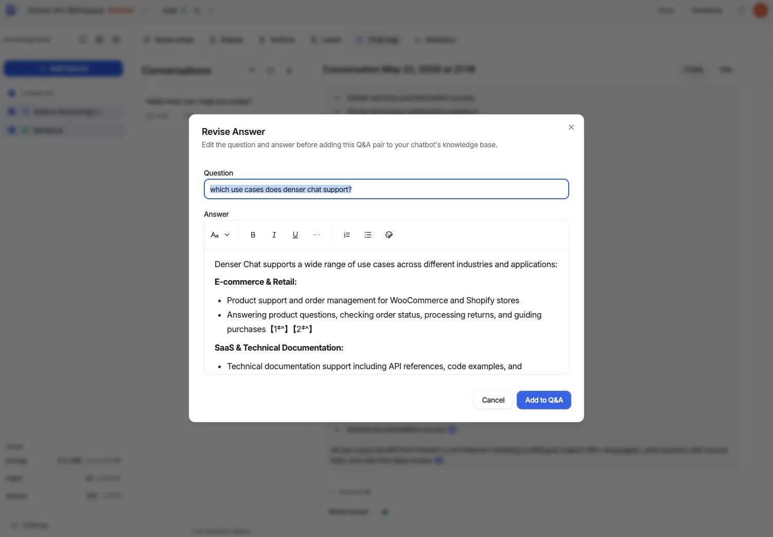 Revise Answer dialog with editable Question and Answer fields and an Add to Q&A button