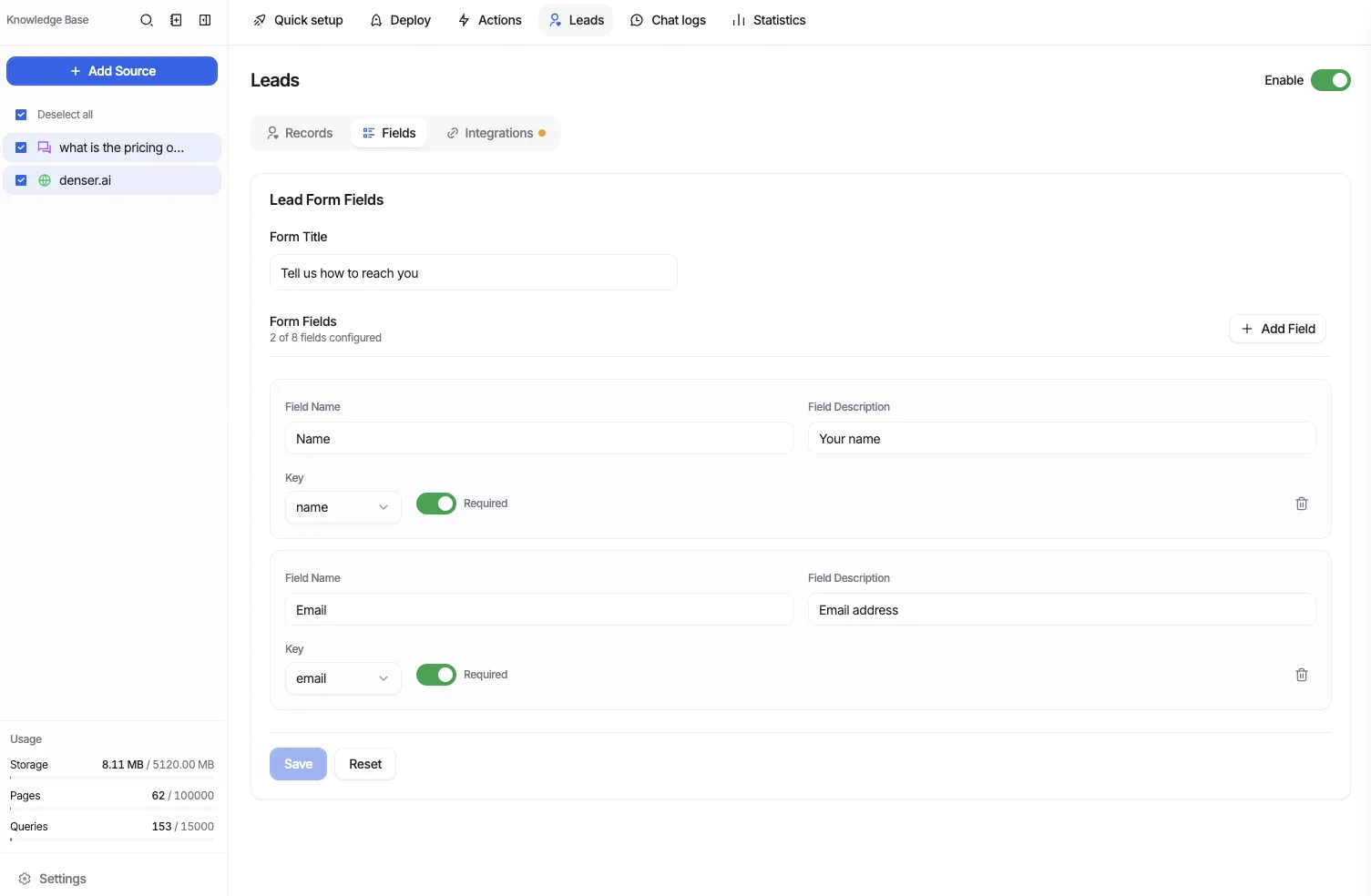Leads page with the Enable toggle on, the Records / Fields / Integrations tabs, and the Fields tab showing the form title and configured fields