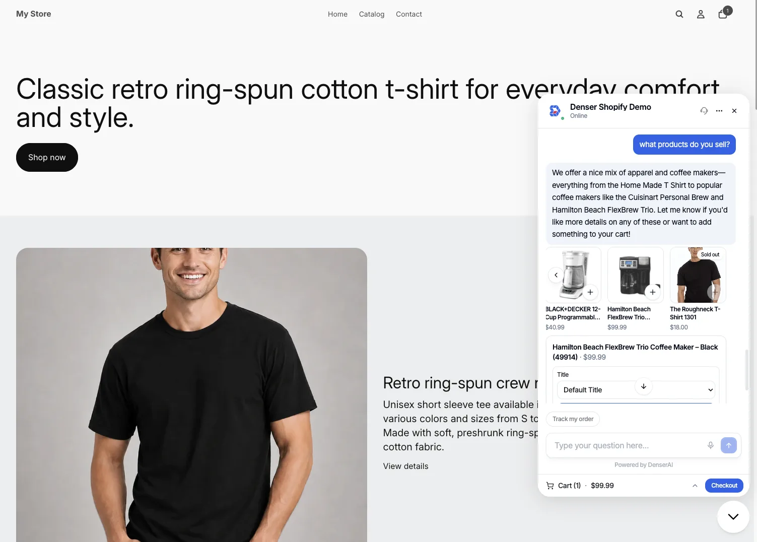 A storefront with the chat open: product cards with prices, an option picker, a Track my order button, and the cart with a Checkout button