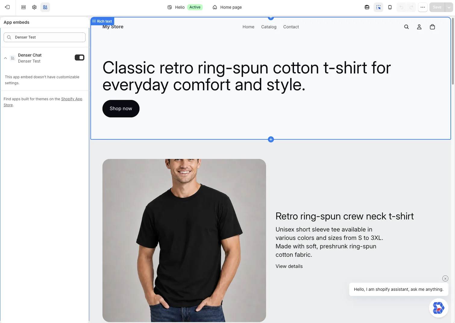 Shopify's theme editor with the Denser Chat app embed switched on, and the chat button with a greeting on the storefront preview