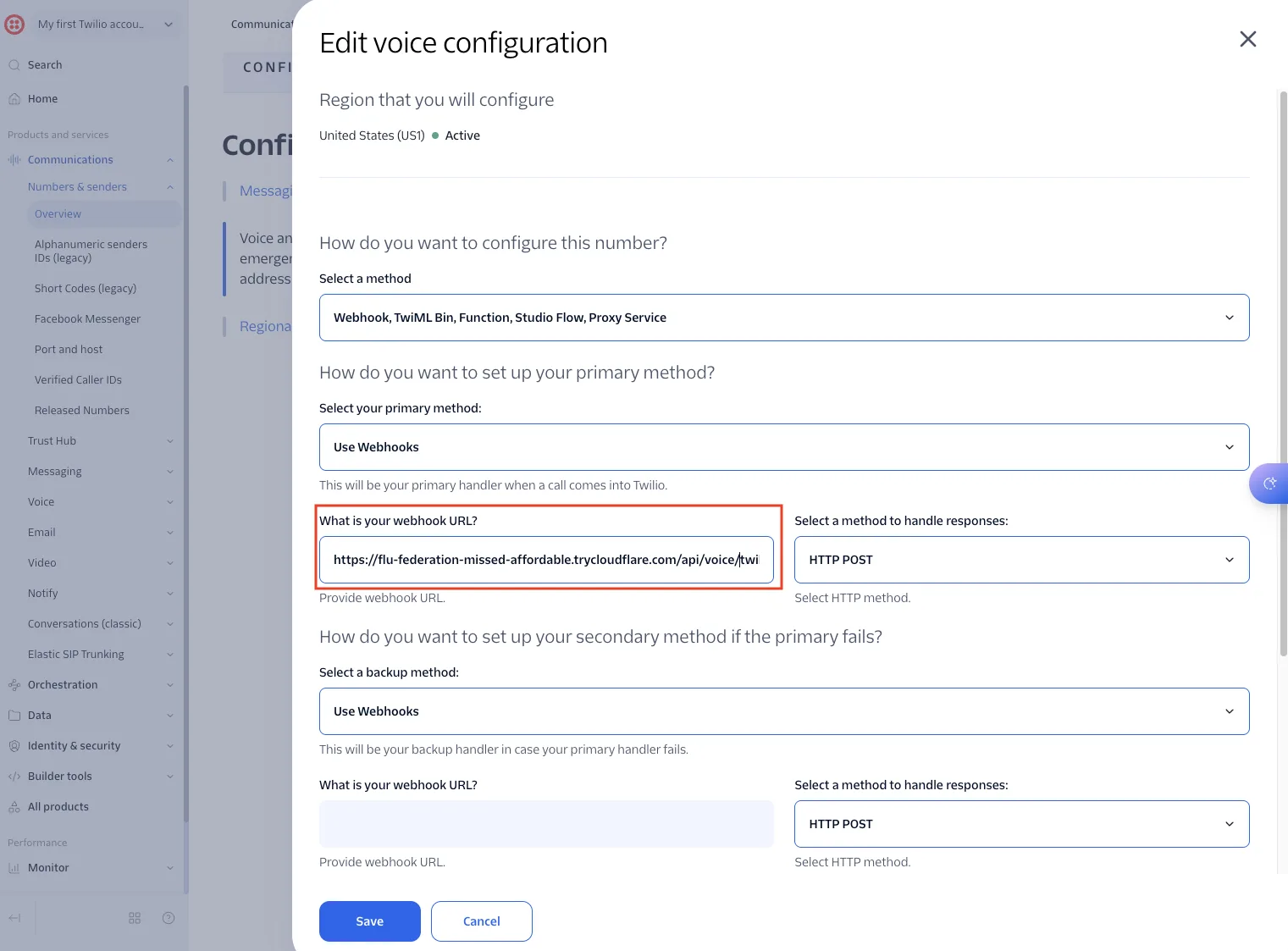Twilio's Edit voice configuration panel, with the webhook URL field holding the chatbot's incoming-call endpoint