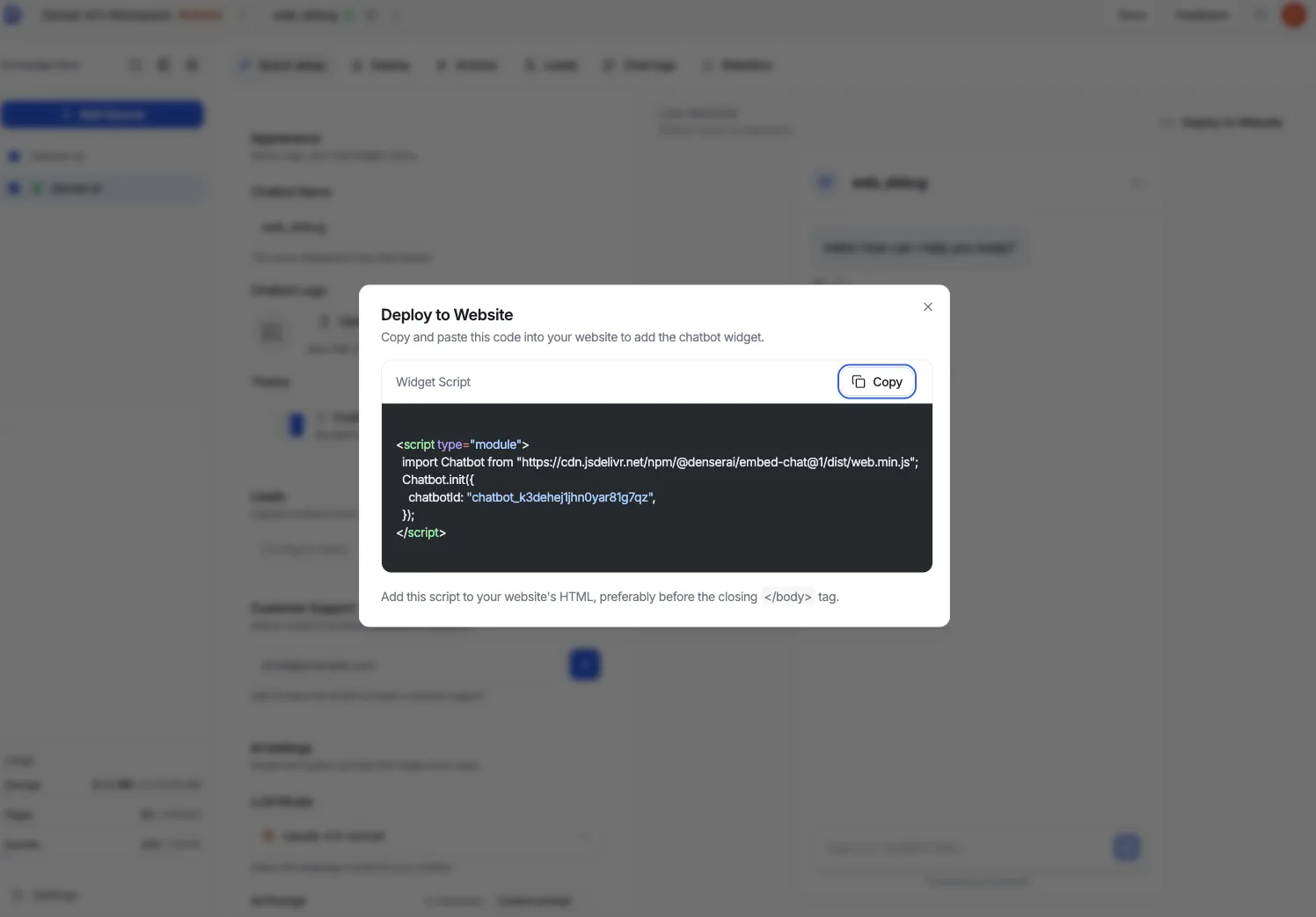 Deploy to Website dialog showing the embed widget script and Copy button