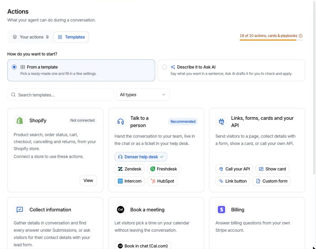 The Actions page with templates grouped into Talk to a person; Links, forms, cards and your API; Book a meeting; Collect information; Notify your team; and Billing