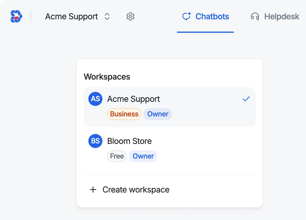 The workspace switcher listing two workspaces, Acme Support on Business and Bloom Store on Free, with Create workspace below
