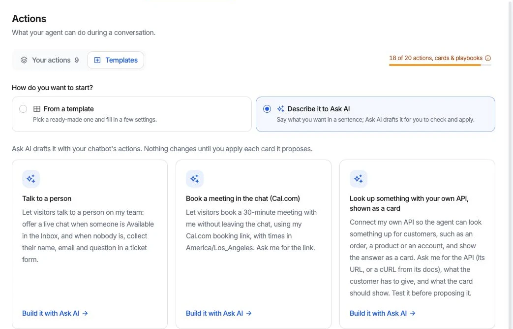 The Actions page with Describe it to Ask AI selected, showing starting ideas for Talk to a person, booking a meeting in the chat with Cal.com, and looking something up with your own API shown as a card.