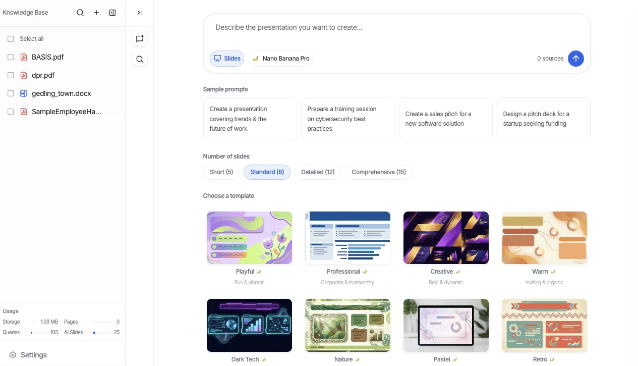 AI Slides Generator - type a prompt or choose files to generate presentations