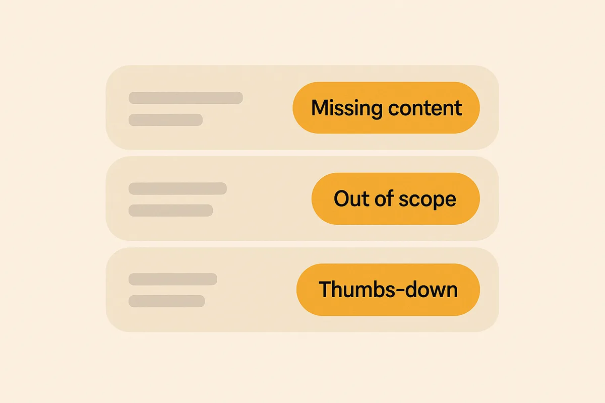 Three logged answers, each tagged missing content, out of scope, or thumbs-down