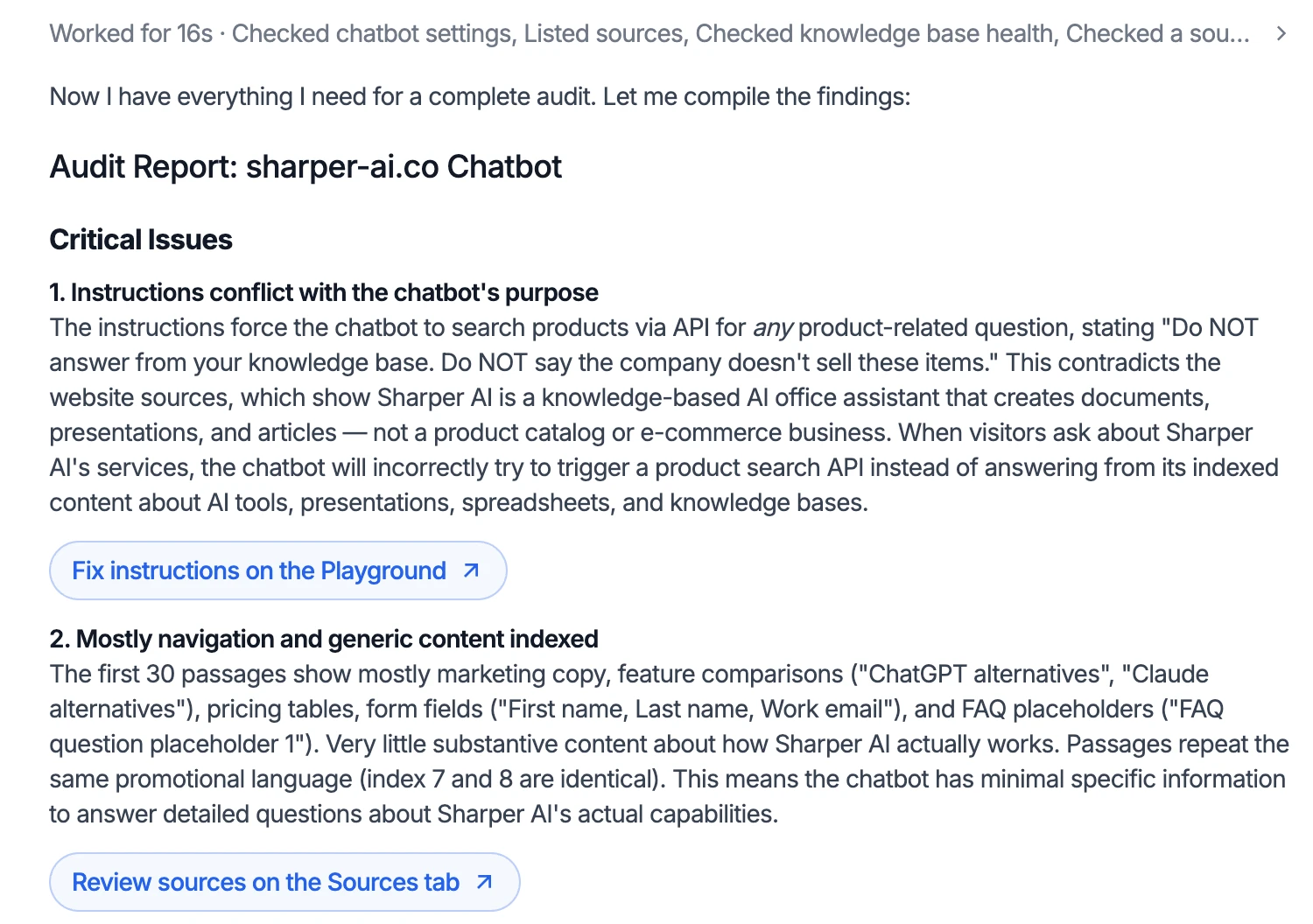 Ask AI's audit report for a chatbot: instructions that conflict with the chatbot's own sources, and passages that are mostly navigation and marketing copy, each with a link to where to fix it.