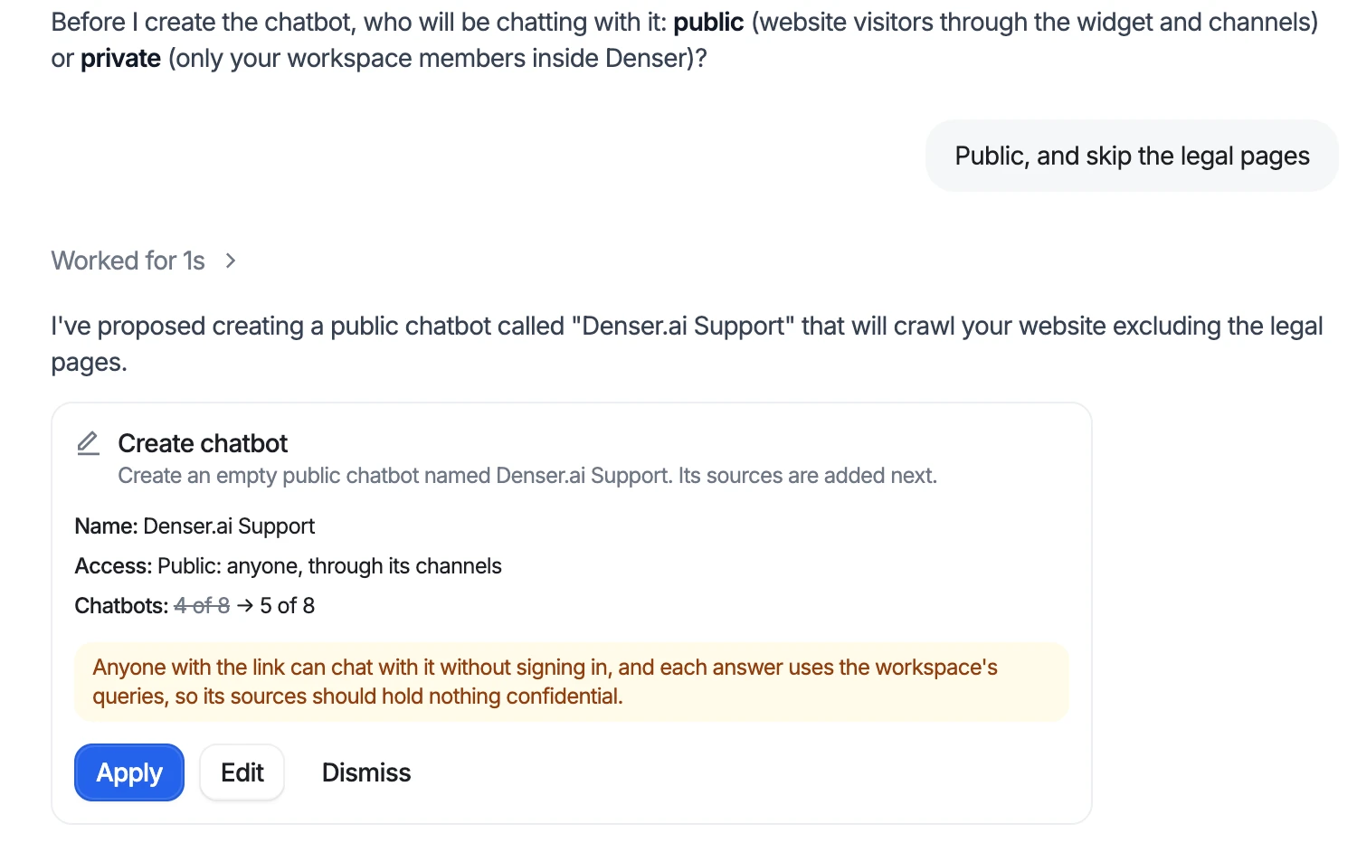 Ask AI building a chatbot from a website: it asks whether the chatbot is public or private, the user answers 'Public, and skip the legal pages', and Ask AI proposes a Create chatbot card with Apply, Edit and Dismiss